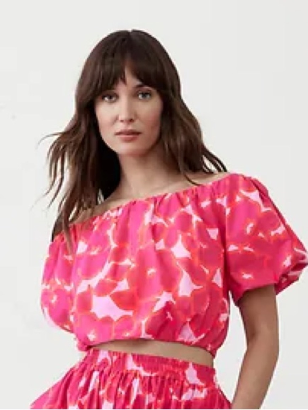 Banana Republic Factory Bright Pink Floral Cropped Off the Shoulder Blouson Top